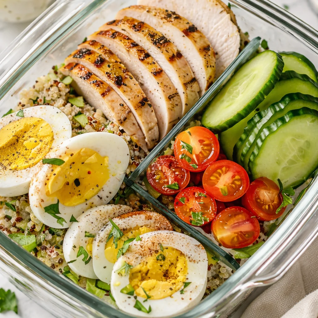 High protein lunch ideas for work featuring salads, bowls, and sandwiches.