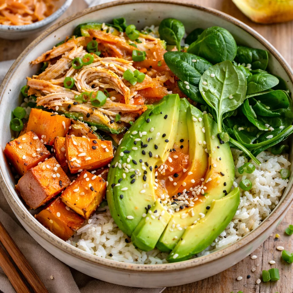 A colorful gut-friendly rice bowl filled with vegetables, grains, and healthy toppings.